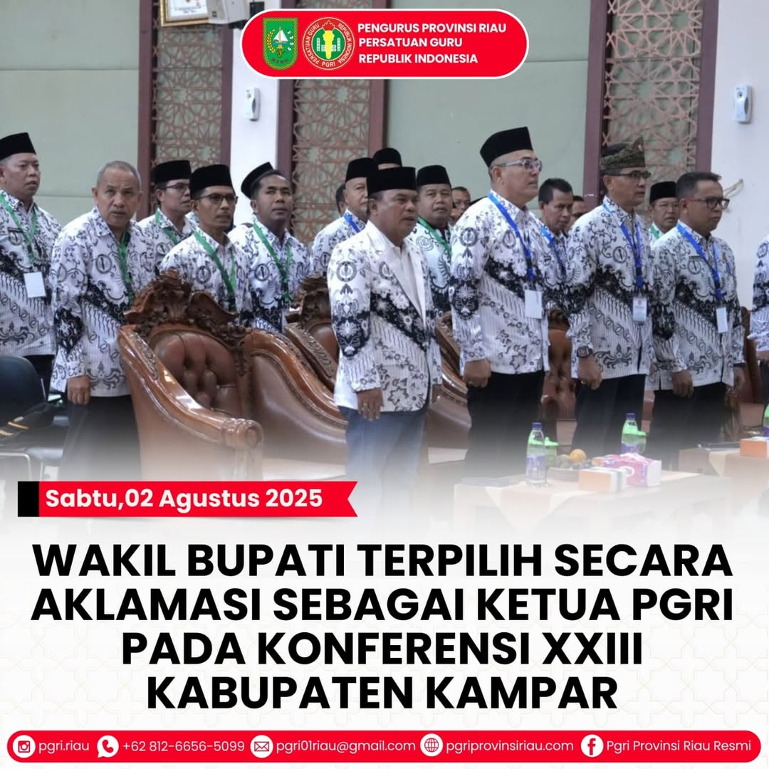 -- Sabtu, 02 Agustus 2025WAKIL BUPATI TERPILIH SECARA AKLAMASI SEBAGAI KETUA PGRI PADA KONFEREN
